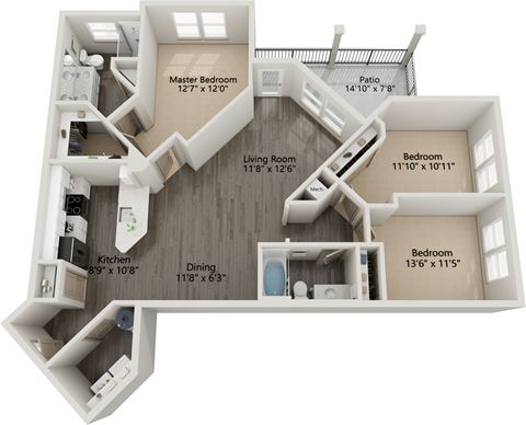 Floor plan for 3 beds, 2 baths, 1397 sqft